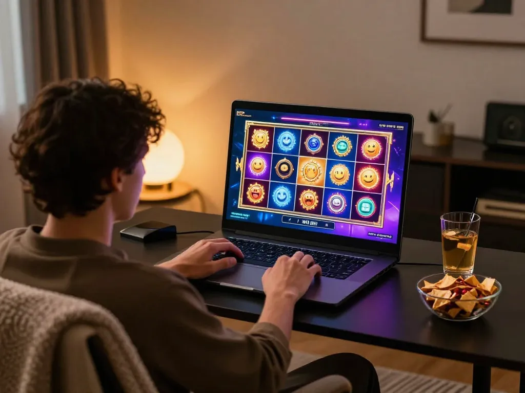 Player engaging with online slot deposit 2rb games on laptop with a warm, cozy atmosphere.