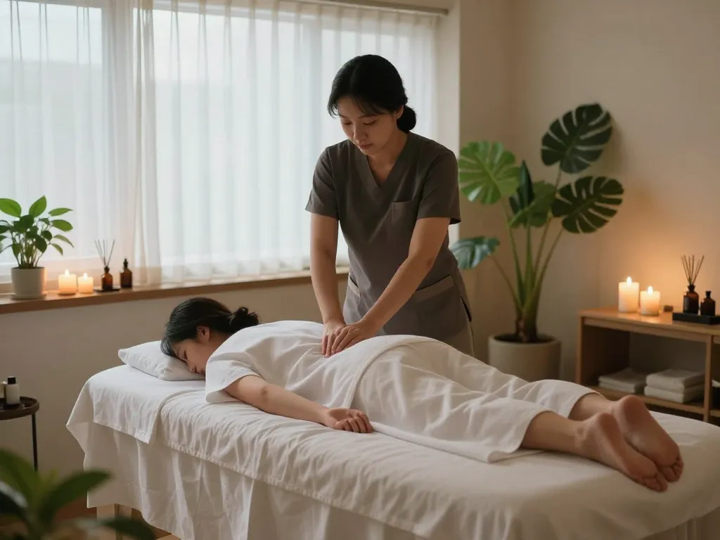 촛불과 부드러운 조명이 있는 평화로운 웰니스 스파 환경에서의 편안한 치평동마사지 세션.