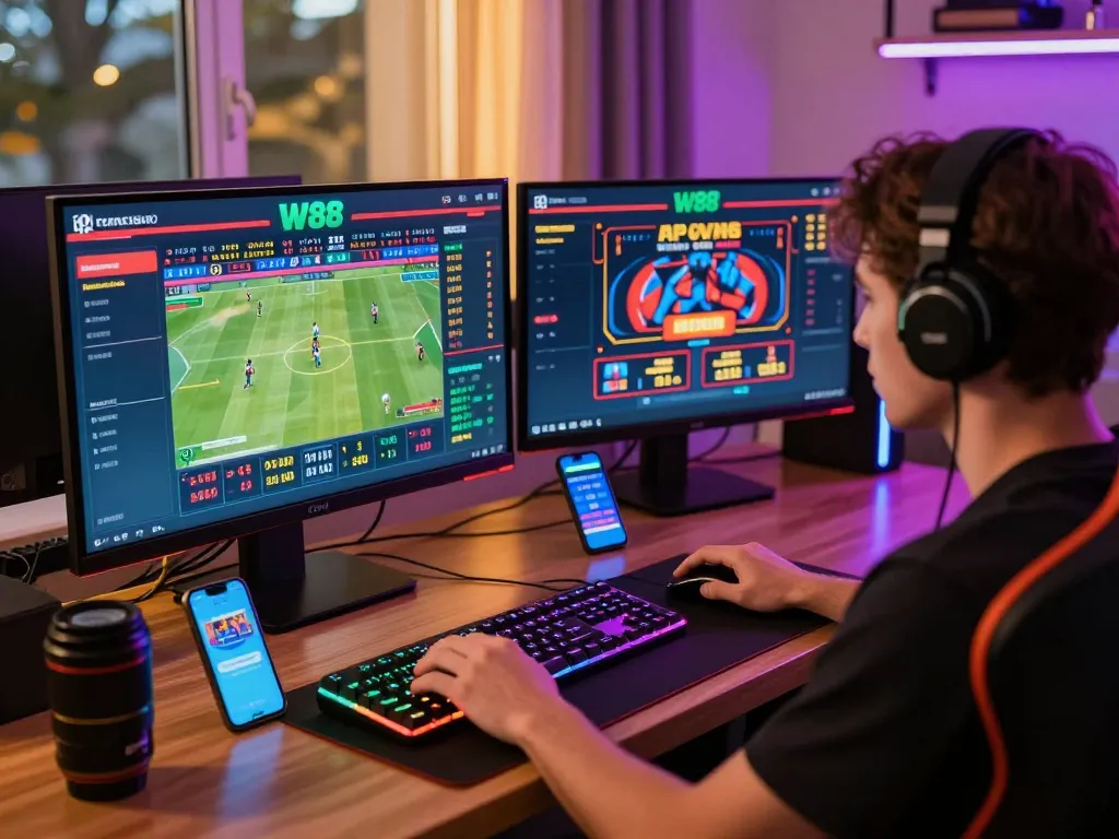 Engaged user enjoying Link W88 live betting session with sports events and games displayed on multiple screens.