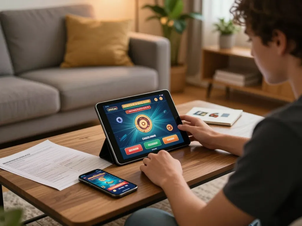 Engaging scene of a user enjoying online casino gaming with nhà cái 888VI in a cozy home environment, reflecting responsible gambling