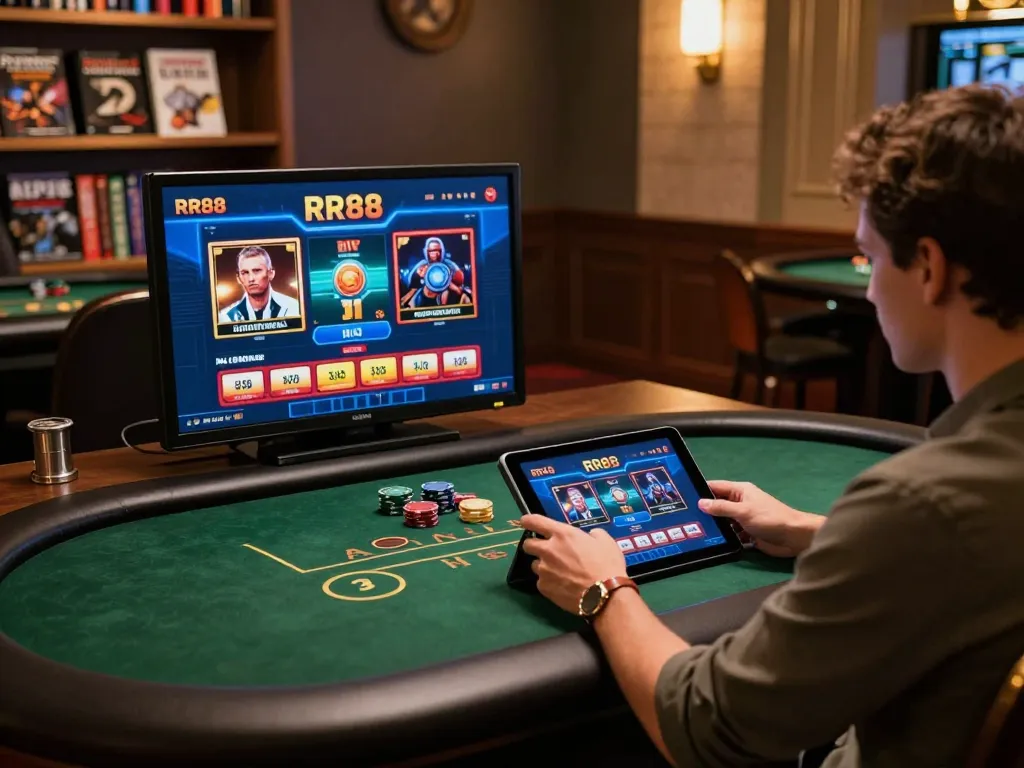 Engaged player exploring link rr88 interactive gaming experience on tablet in cozy home environment.