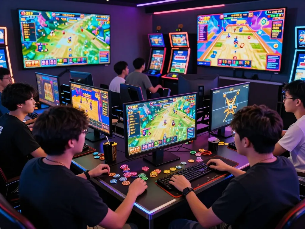 Engaged players enjoying thrilling online games at wraungtoto platform, dynamic gaming atmosphere with colorful slot machines.