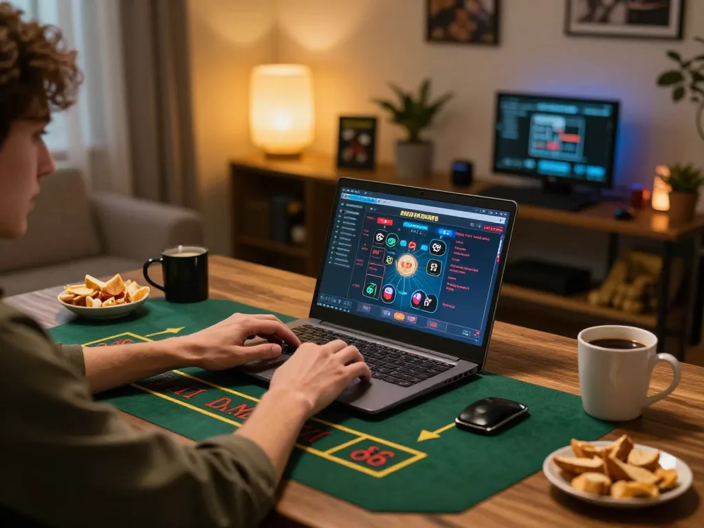 Playing casino games on https://mm88.blog/ laptop in a cozy home setting with coffee and strategy notes.