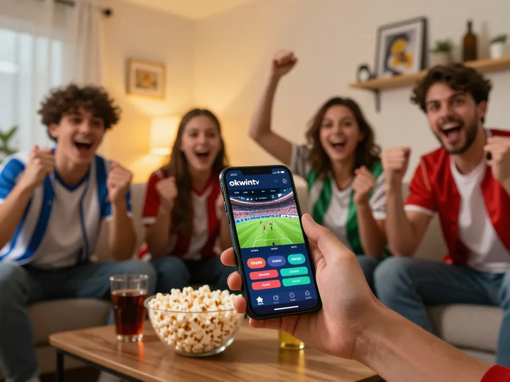 Fans excitedly watching live sports on Okwintv, enjoying quality streaming and social moments.