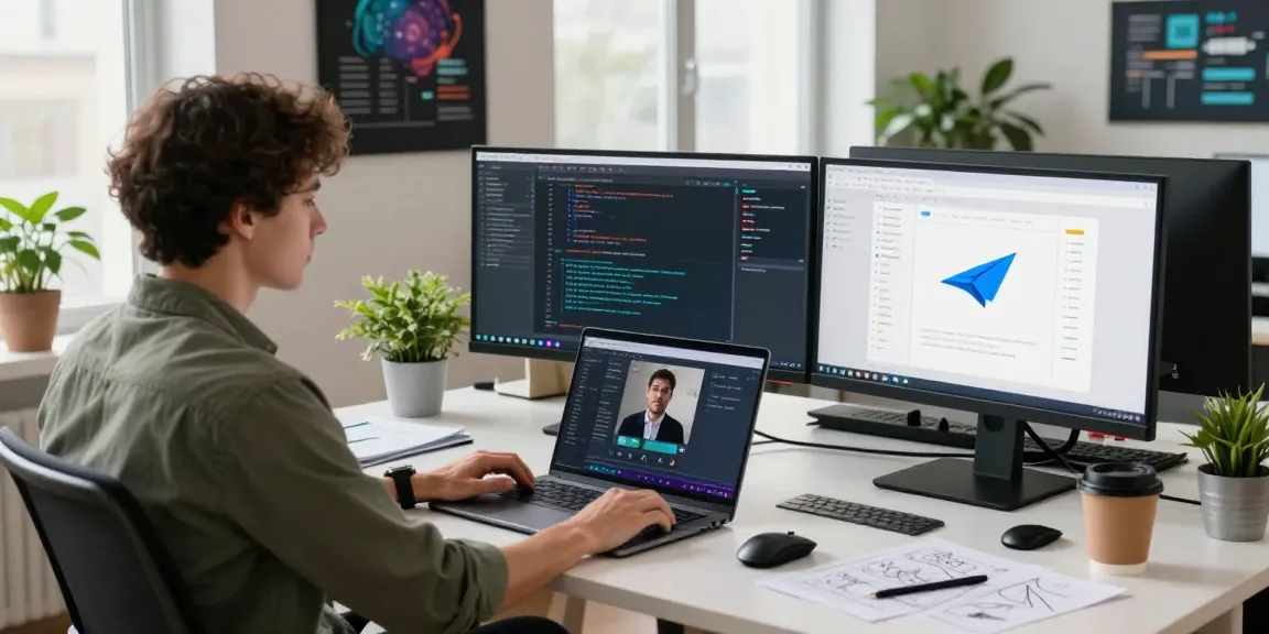 Developer creating software in a modern workspace; 纸飞机下载 showcased in a vibrant tech environment.