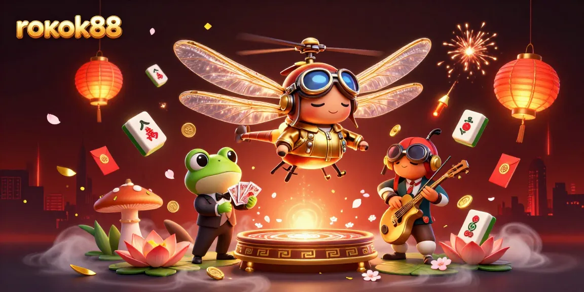 Experience excitement at rokok88 with a vibrant casino scene featuring unique characters and festive elements.