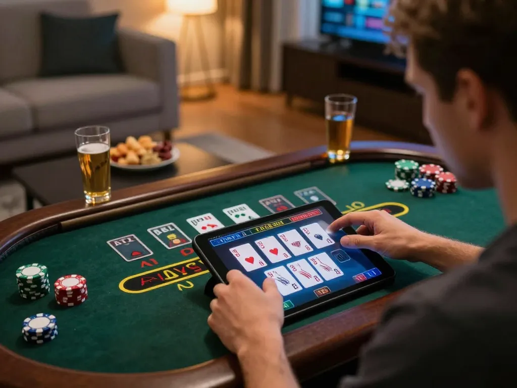 Engaged player experiencing BL555 live dealer blackjack action on a tablet in a cozy environment