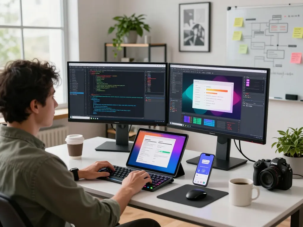 Moltbot mac development scene featuring a programmer coding with dual monitors and a modern workspace.