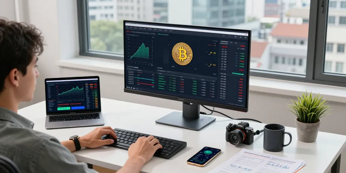 Bitcoin mining platform analysis in a modern trading workspace with cryptocurrency charts and profitability tools.