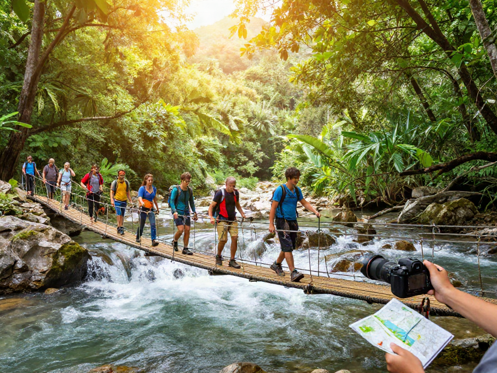 Adventurers crossing a river rope bridge surrounded by lush greenery and sunlight.