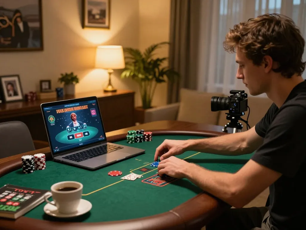 Engaging user plays live dealer poker with sun win online casino on laptop, in a cozy gaming setup.