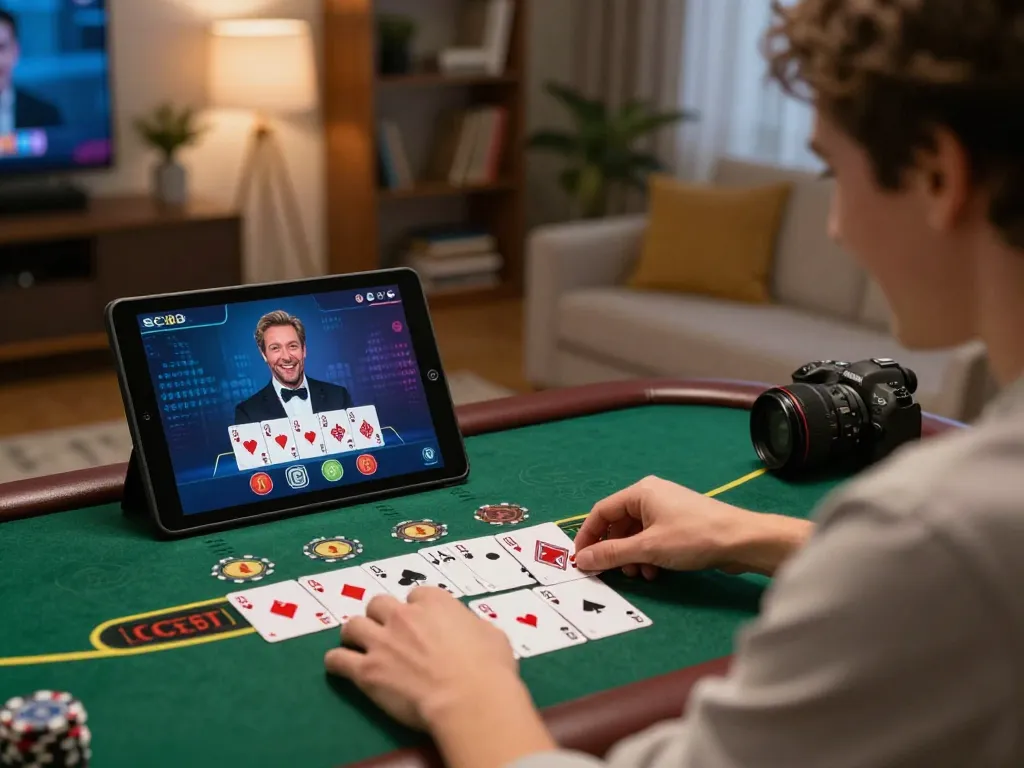 SC88 player enjoying a live dealer blackjack game on a tablet in a cozy living room