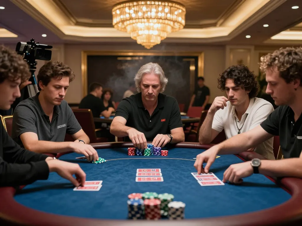 Players strategizing in a thrilling poker game at a luxury casino, showcasing excitement and engagement in the betting process