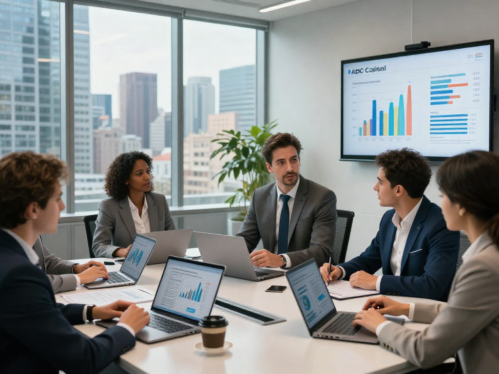 Bardya Ziaian at ABC Capital leads a corporate strategy meeting with professionals.