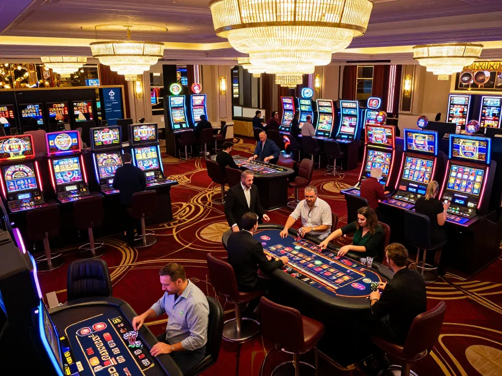 Players engaging in thrilling slot games at g28 casino, illuminated by vibrant machines.