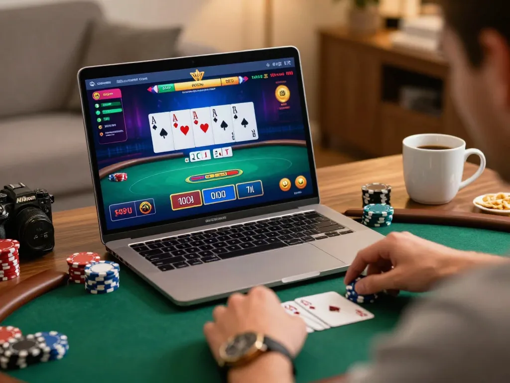 Player engaging in an online poker game at 789club from cozy home office.
