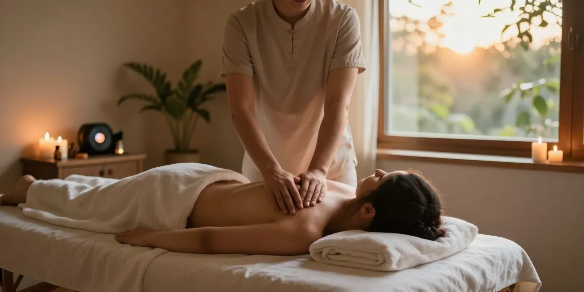 마사지 테라피 룸에서 아로마 오일과 촛불로 아늑한 분위기 속에서 스웨디시 마사지를 받고 있는 모습