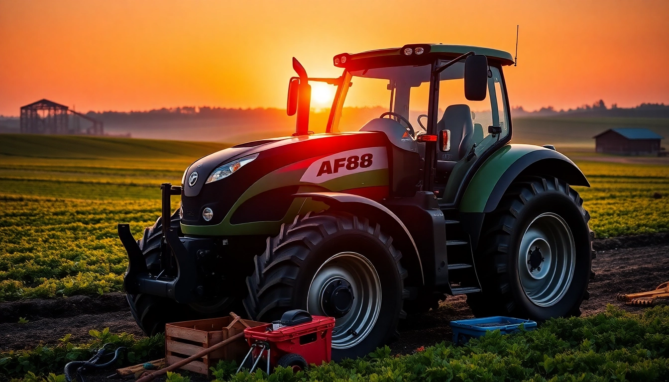 Operate the AF88 tractor in a scenic farming landscape at sunset, highlighting its functionality.