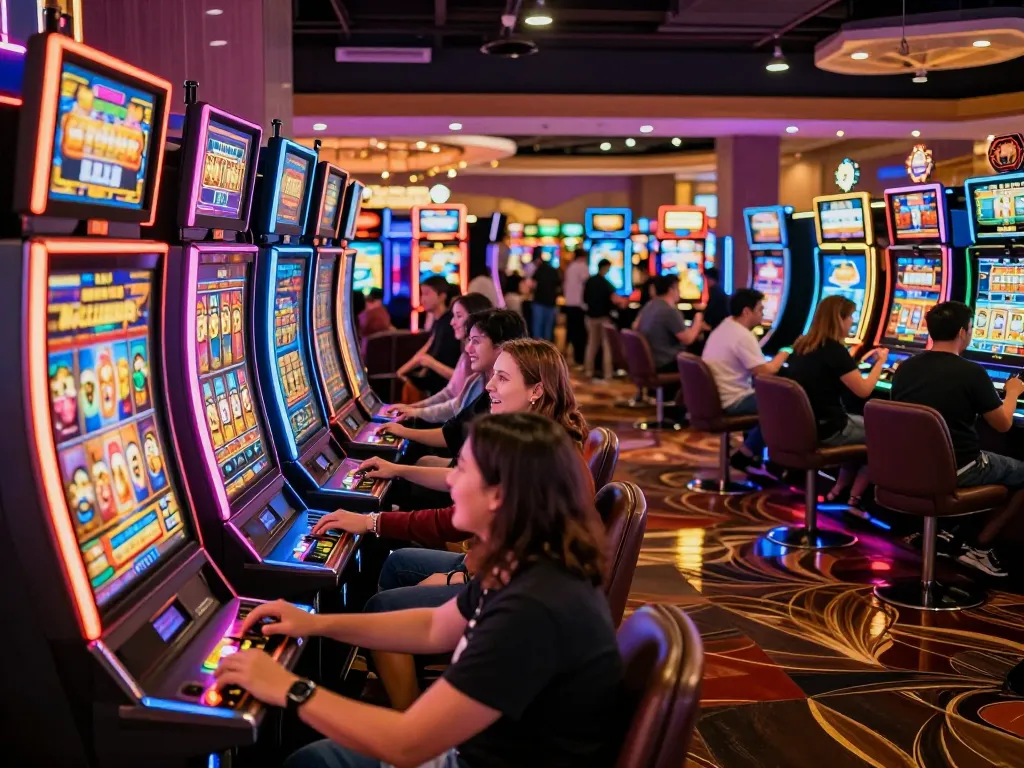 Players spinning vibrant link slot machines in a lively casino atmosphere