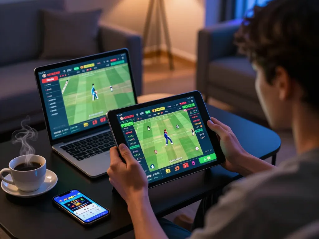 Engaging in online cricket betting through BK33 app on tablet at home, vibrant and cozy atmosphere.