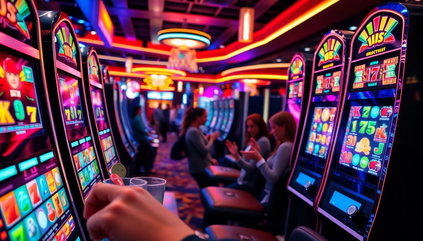 Slot88 gacor malam ini, pemain bersemangat bermain mesin slot dengan lingkungan kasino yang hidup.