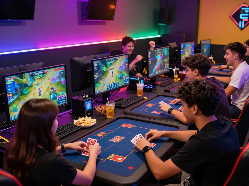 Dynamic gaming lounge capturing friends enjoying CSKH 24/7 hubet88 card games with vibrant atmosphere.
