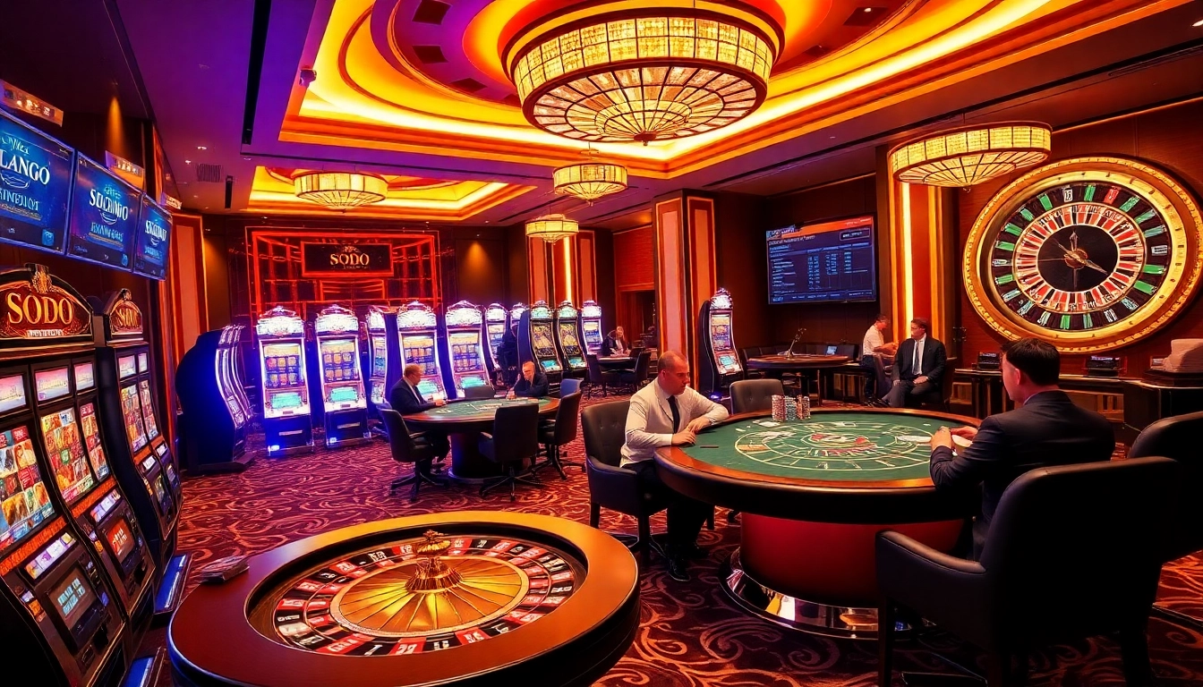 Exciting SODO gaming scene with luxurious casino tables, vibrant slot machines, and poker chips.