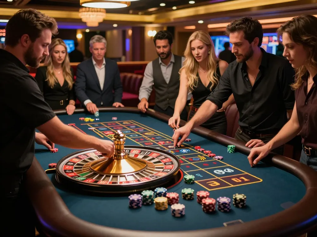 Players engaging in roulette action at https://777x.bid/ table, showcasing chips and dynamic gameplay
