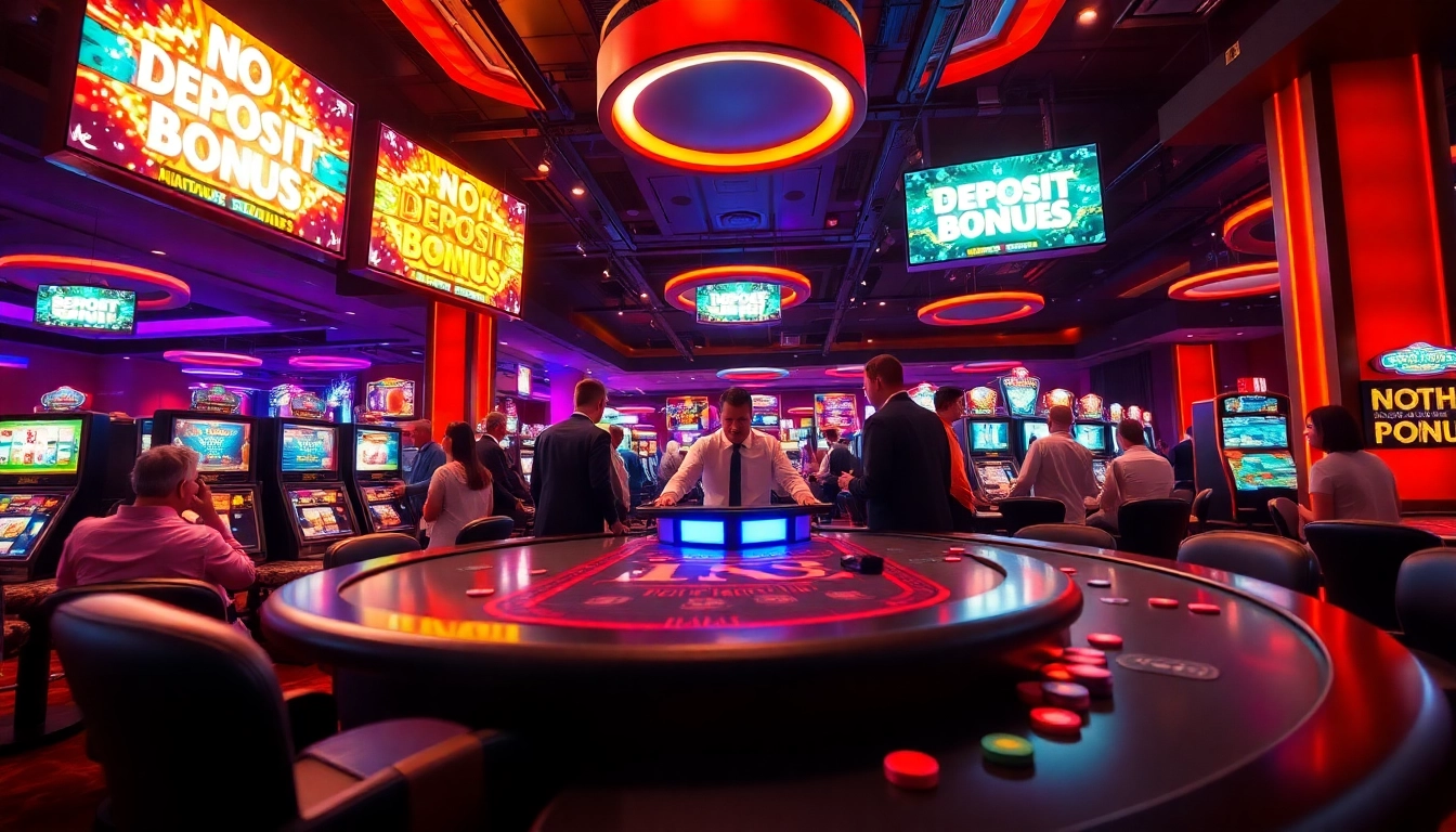 Erleben Sie neue casino bonus ohne einzahlung in einem aufregenden Casino-Setting mit Neonlichtern.