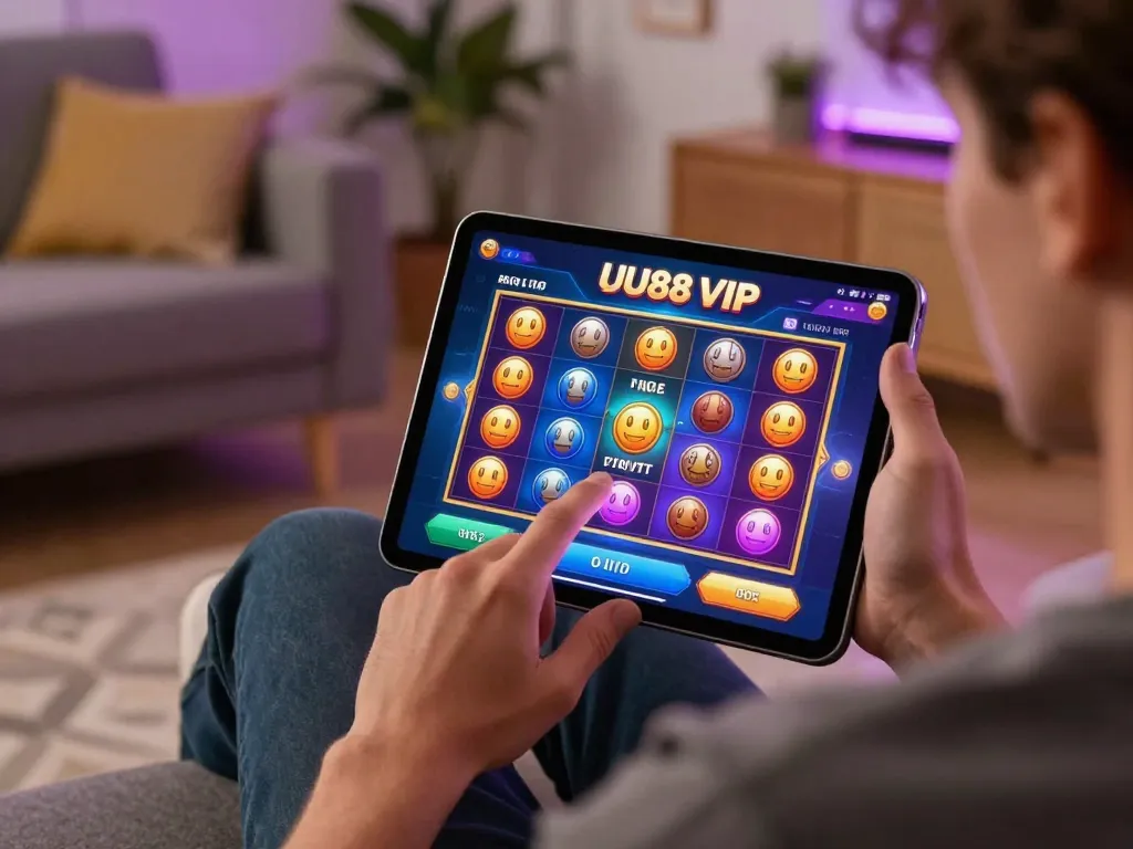 Engaging with UU88 VIP on a tablet for thrilling online gaming excitement at home.