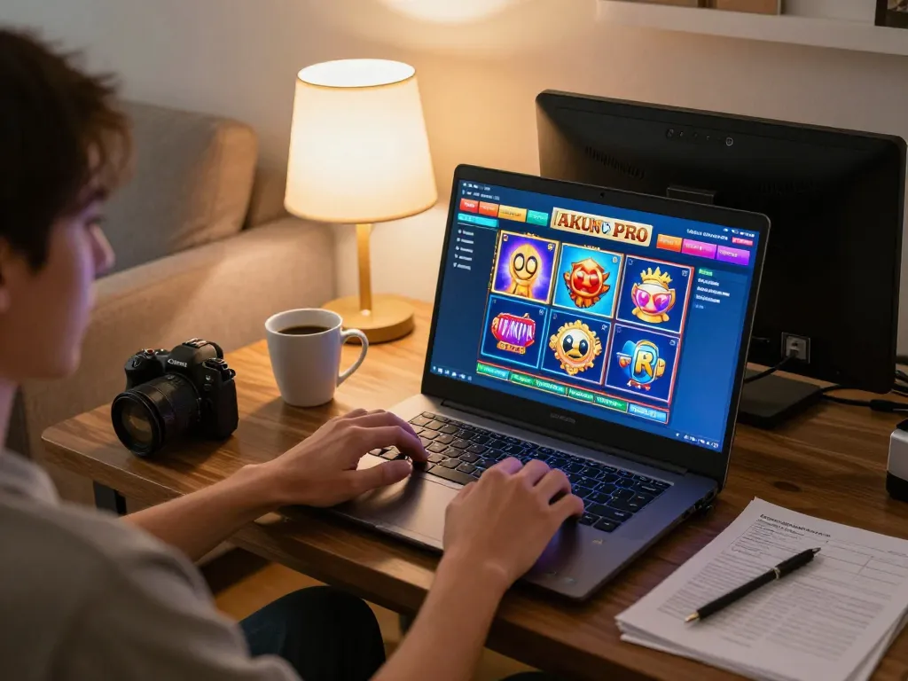 Engaged player enjoying akun pro jepang slot on a laptop in a cozy setting.