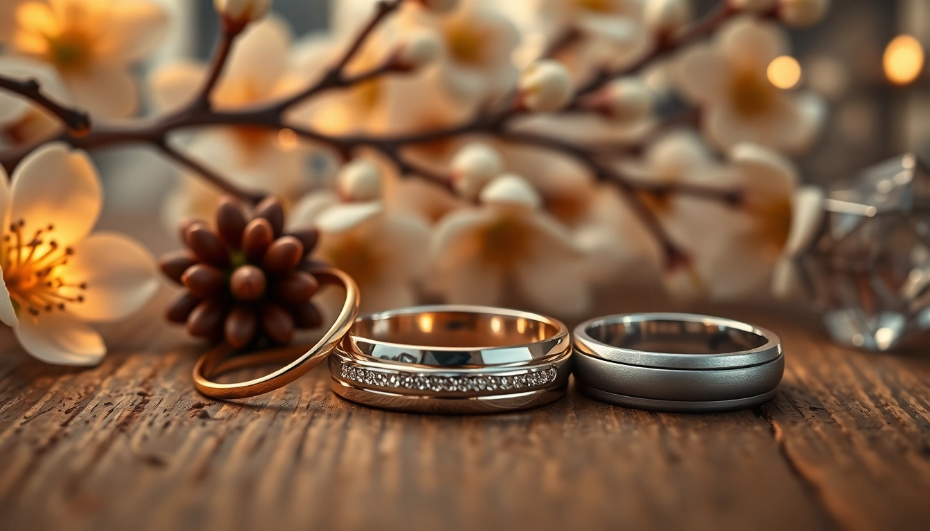 Beautiful wedding bands reflecting light and surrounded by delicate flowers.