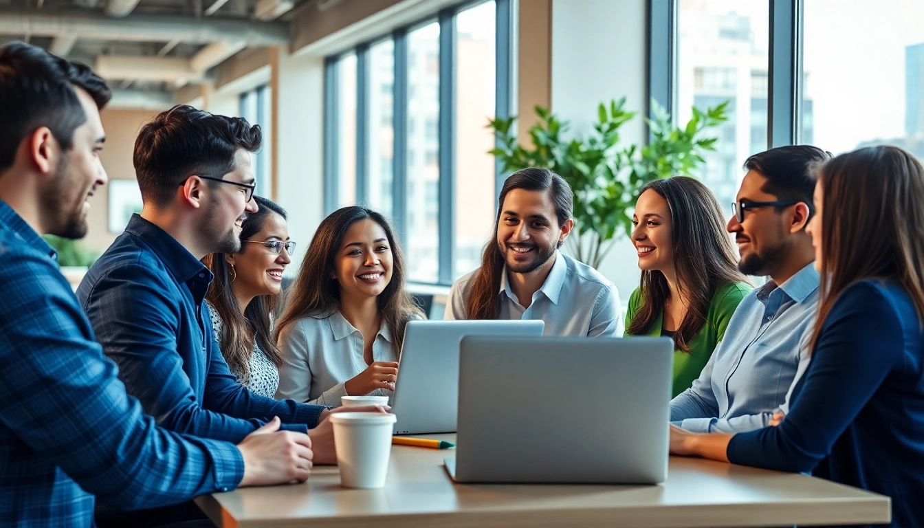 People searching the best websites for sales jobs in a modern office.