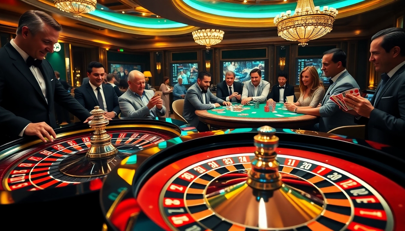 LUCK8 gamers thrill at the roulette wheel and poker table in a luxurious casino ambiance.