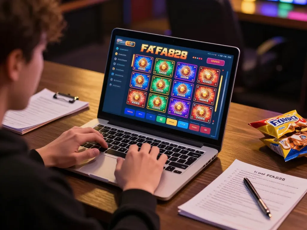 Engaging in online gameplay at FAFA828 with vibrant slot machine visuals and strategic betting notes.