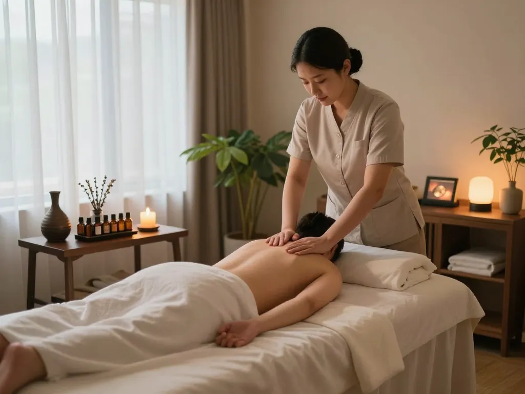 부드러운 조명과 치료용 오일이 있는 편안한 스파 환경에서의 신사동마사지 세션.