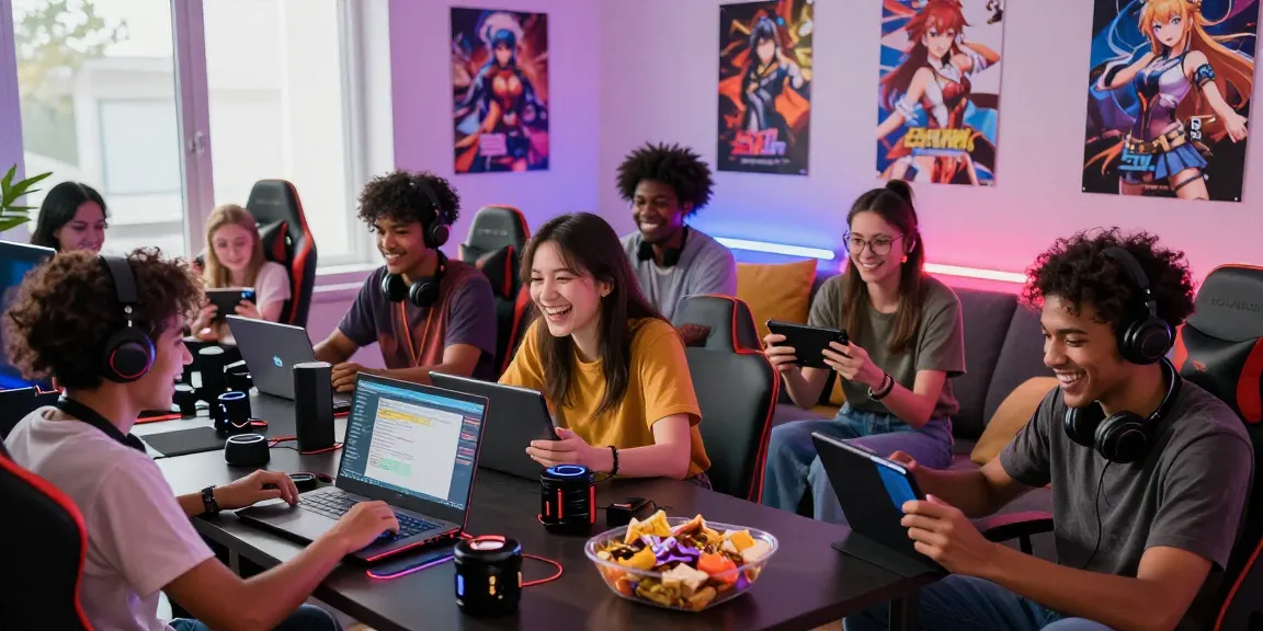 Gamers enjoying hentai games in a cozy gaming den filled with colorful lights.