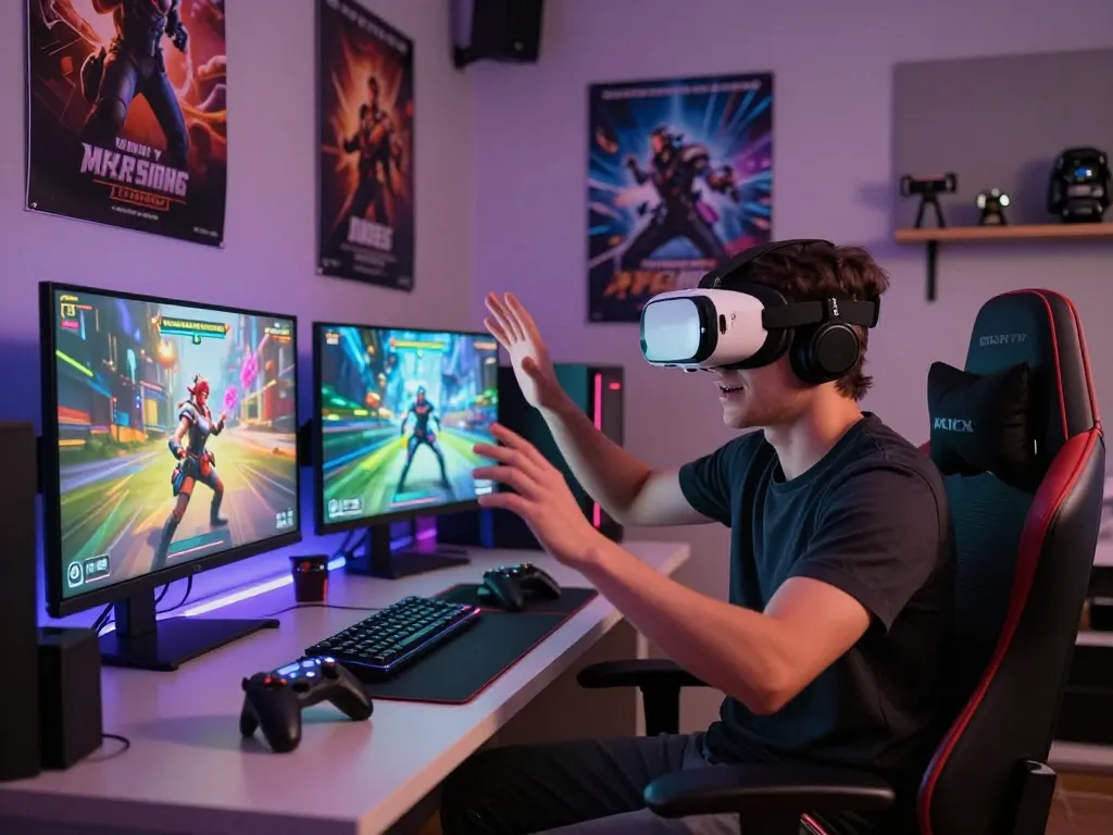 Player immersed in xxx games with VR headset, vivid characters, and gaming setup