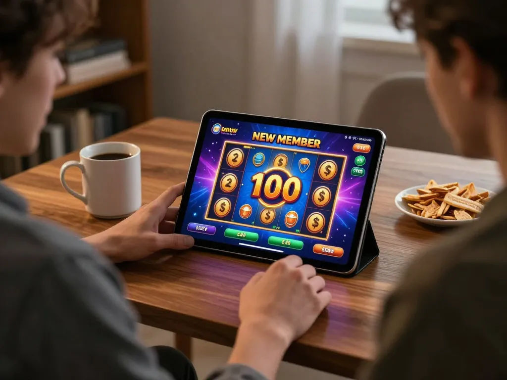 Player enjoying online slots with slot bonus new member 100, vibrant game interface visible, cozy home setup.