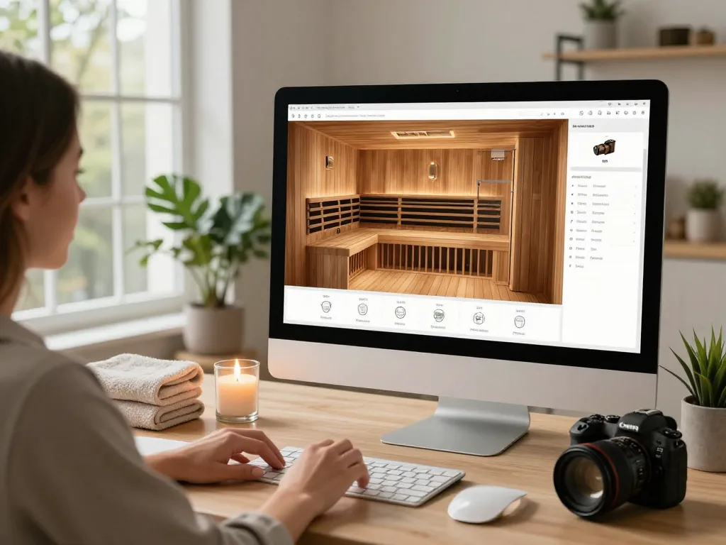 Engaged user designing with sauna 3D configurator, displaying vivid sauna models and customizable features in a stylish workspace.