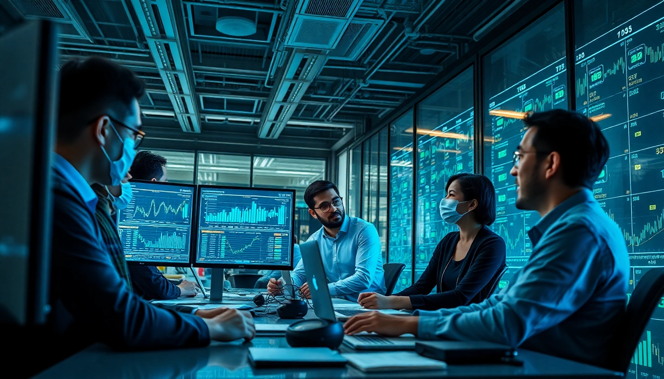 Best cloud mining professionals analyzing cryptocurrency metrics in a high-tech office.