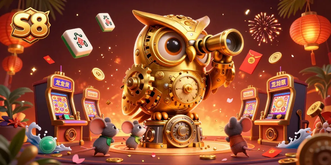 S8 offers thrilling casino experiences with captivating owl character amidst a vibrant gaming scene.