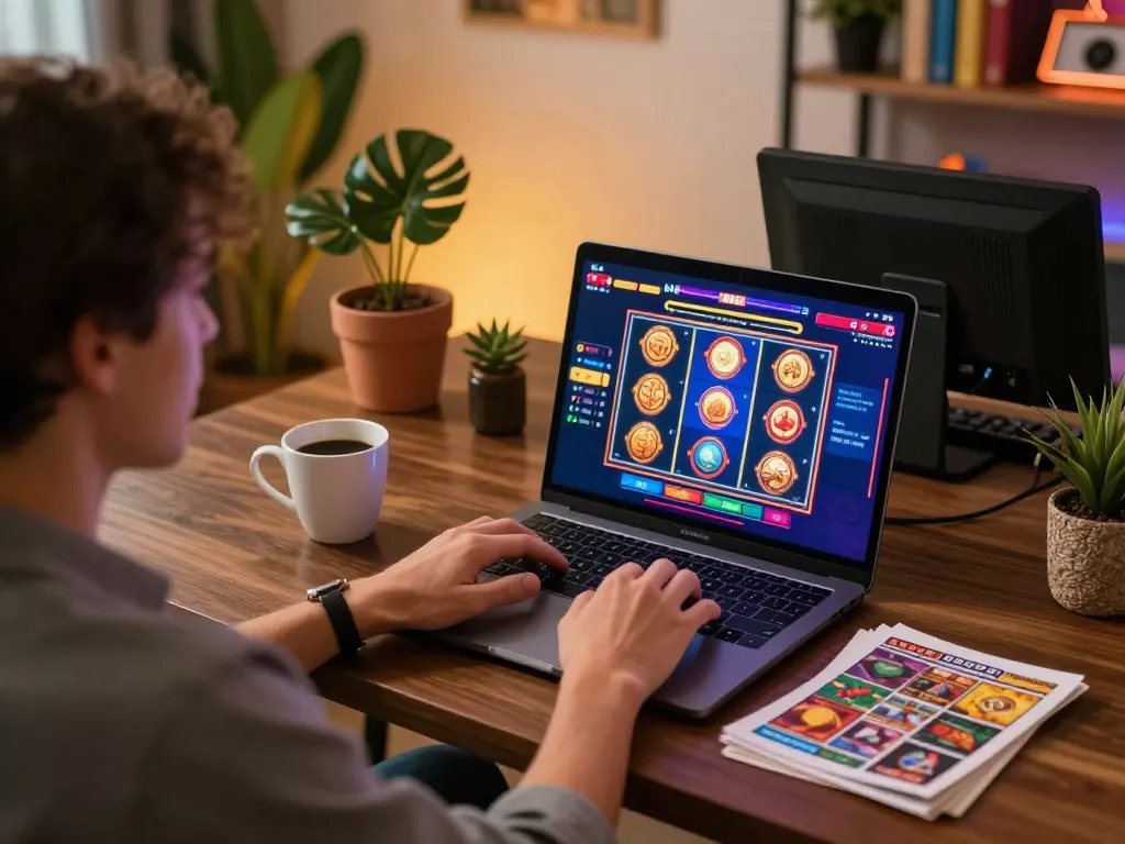 Player engaging with Nk 88 online slots at a stylish home setup, showcasing vibrant game interface.