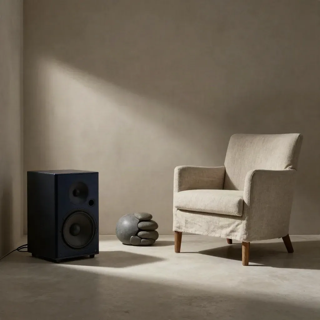 Quiet listening room with speaker, linen chair, diffuser, and acoustic stones in moody side light.