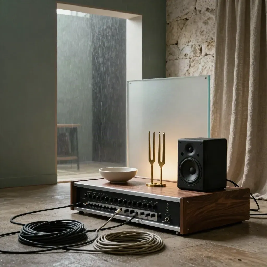 Cinematic studio corner with synth rack, speaker, tuning forks and glowing diffuser in rain haze.