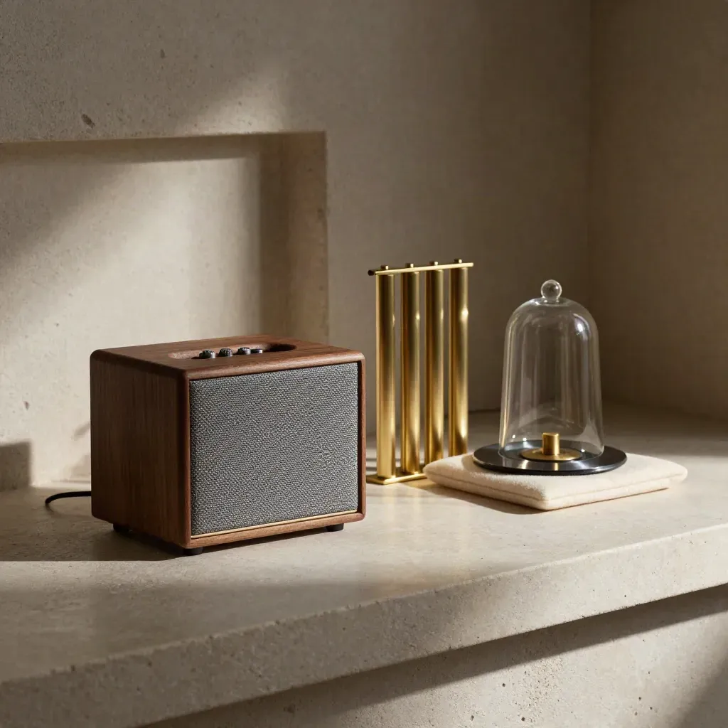 Boutique speaker with brass chime bars and glass bell jar on a stone ledge in soft studio light.