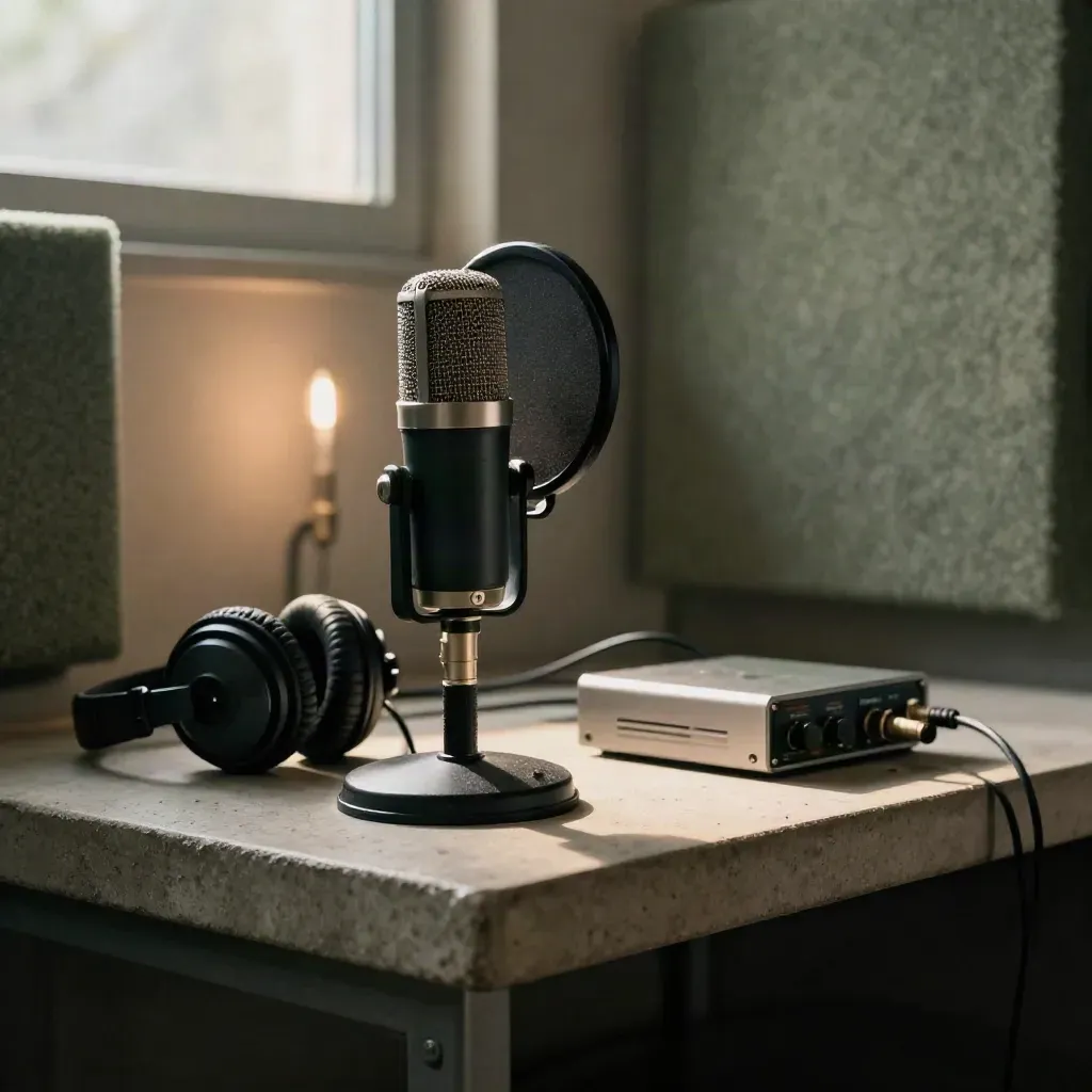 Microphone, pop shield, headphones, and preamp on a concrete shelf in a quiet podcast booth.