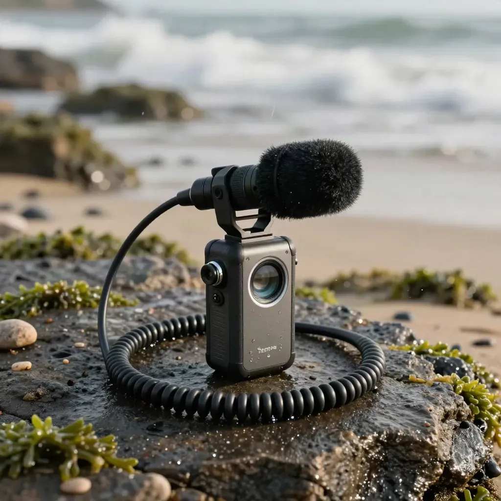 Field recorder, shotgun mic, and hydrophone cable on wet shoreline rock with sea spray.