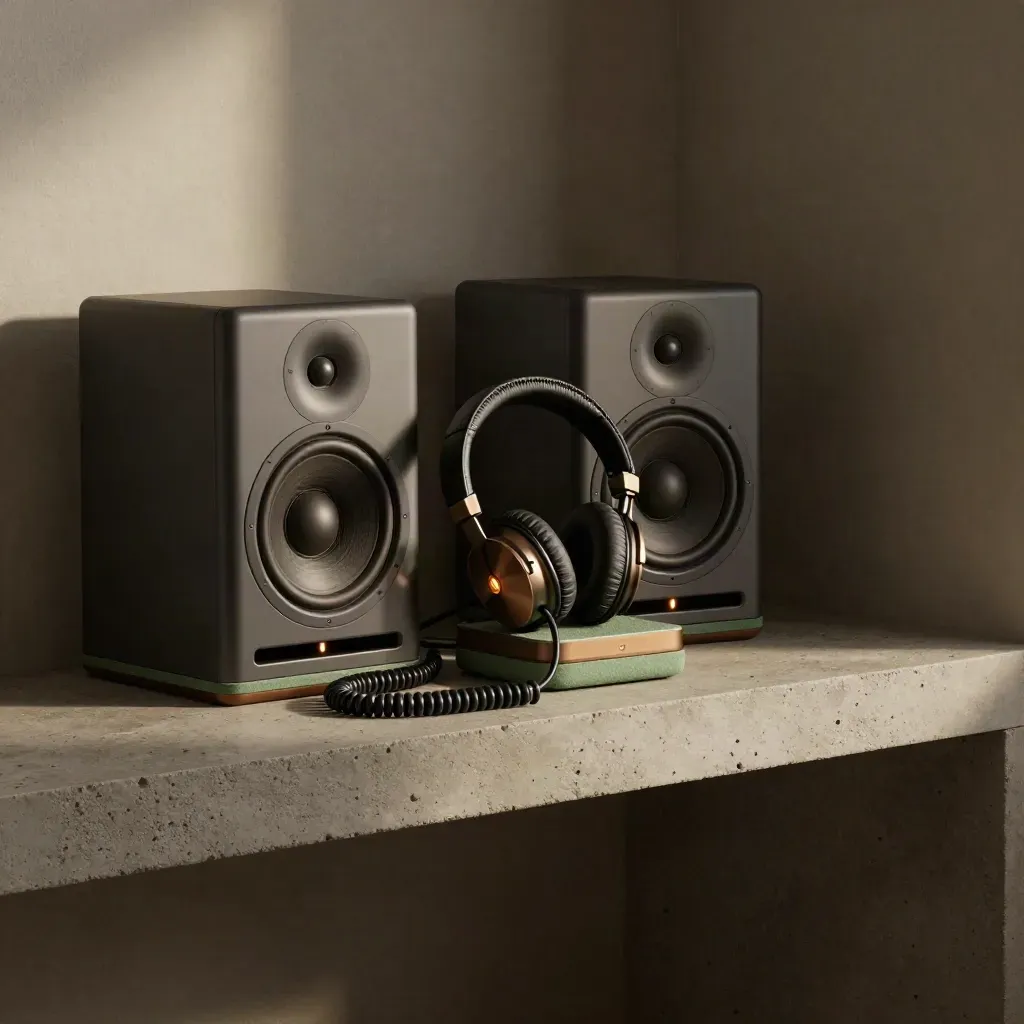 Compact monitors, headphones and drive dock on a concrete shelf in moody studio light.