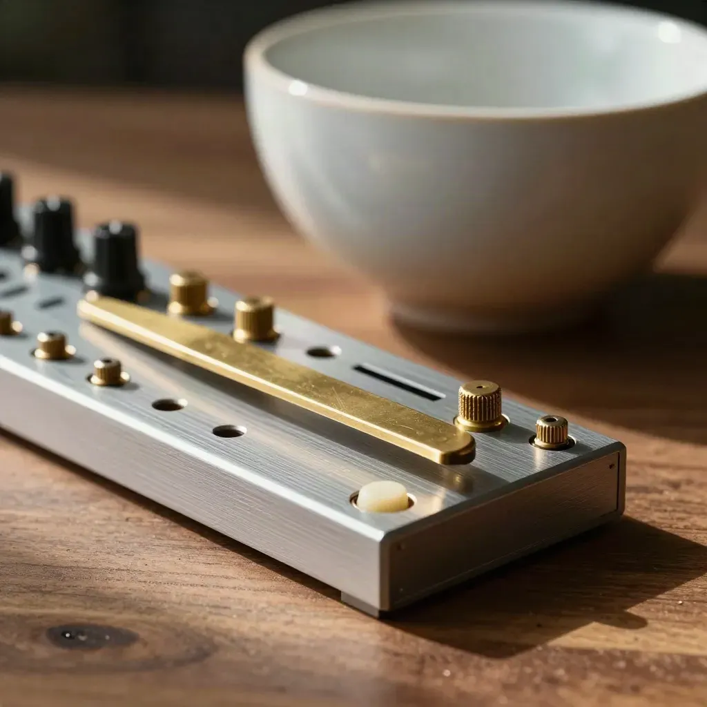 Macro still life of synth gear, tuning fork, and sound bowl on walnut with soft light.